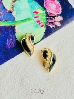 Christian Dior Vintage 1980s Crystals Black Enamel Leaf Clip On Earrings, Gold