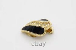 Christian Dior Vintage 1980s Crystals Black Enamel Leaf Clip On Earrings, Gold