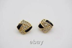 Christian Dior Vintage 1980s Cube Crystals Black Enamel Clip On Earrings, Gold