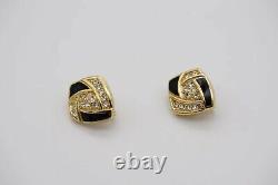 Christian Dior Vintage 1980s Cube Crystals Black Enamel Clip On, Earrings Gold
