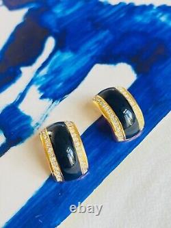 Christian Dior Vintage 1980s Large Black Enamel Double Crystals, Dome Earrings