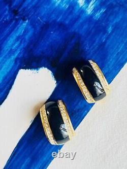 Christian Dior Vintage 1980s Large Black Enamel Double Crystals, Dome Earrings