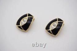 Christian Dior Vintage 1980s Large Black Enamel Oval Crystal Clip Earrings, Gold