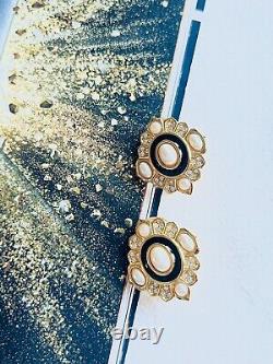 Christian Dior Vintage 1980s Oval Pearl Crystal Black Enamel Clip Earrings Gold