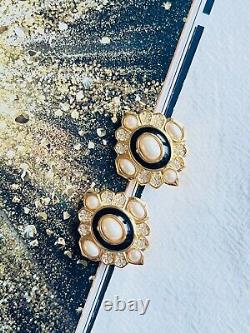 Christian Dior Vintage 1980s Oval Pearl Crystal Black Enamel Clip, Earrings Gold
