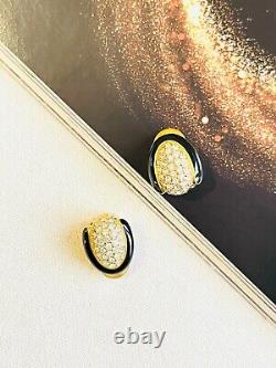 Christian Dior Vintage 1980s Oval Whole Crystal Black Enamel Clip Earrings, Gold
