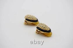 Christian Dior Vintage 1980s Oval Whole Crystal Black Enamel Clip Earrings Gold