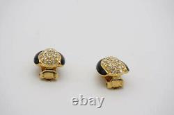 Christian Dior Vintage 1980s Oval Whole Crystal Black Enamel Clip Earrings Gold