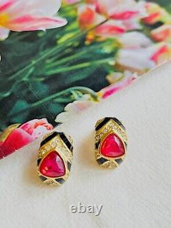 Christian Dior Vintage 1980s Ruby Gripoix Black Crystal Hoop Clip Earrings Gold