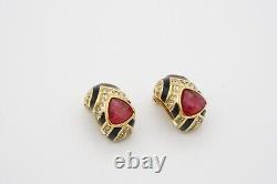 Christian Dior Vintage 1980s Ruby Gripoix Black Crystal Hoop Clip Earrings Gold