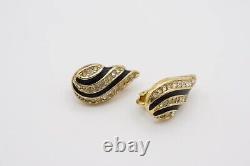 Christian Dior Vintage 1980s Shell Crystals Black Enamel Clip On Earrings, Gold