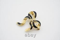 Christian Dior Vintage Black Enamel Crystal Wave Knot Bow Ribbon Brooch, Gold