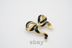 Christian Dior Vintage Black Enamel Crystal Wave Knot Bow Ribbon Brooch, Gold
