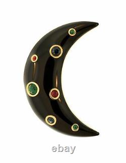 Christian Dior Vintage Black Enamel Gold Rhinestone Crescent Moon Brooch Pin