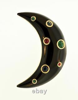 Christian Dior Vintage Black Enamel Gold Rhinestone Crescent Moon Brooch Pin