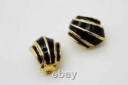 Christian Dior Vintage Black Enamel Shell Fan Clip On Earrings, Gold Plated