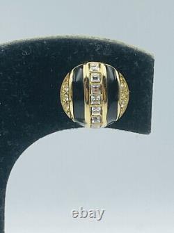 Christian Dior Vintage Yellow Gold Plated Rhinestone Black Enamel Stud Earrings