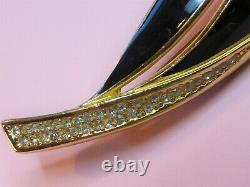 Christian Dior signed vintage 1970s gold-plated black enamel crystal leaf brooch
