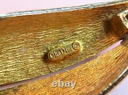Christian Dior signed vintage 1970s gold-plated black enamel crystal leaf brooch