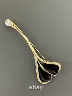 Christian dior gold plated black enamelled rhinestones Long Leaf flower brooch