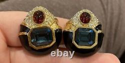 Ciner Pave Crystals SemiPrecious Cabochons Black Enamel Gold Plate Clip Earrings