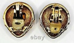 Ciner Pave Crystals SemiPrecious Cabochons Black Enamel Gold Plate Clip Earrings