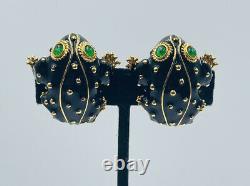 Ciner Vintage Gold Plated Black Enamel Green Eyes Frog Clip Earrings