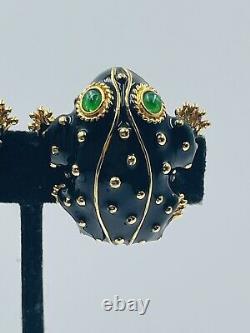 Ciner Vintage Gold Plated Black Enamel Green Eyes Frog Clip Earrings