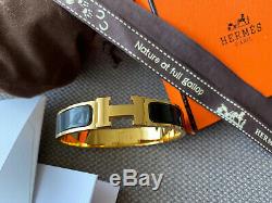 Classic Hermes Clic Clac Bracelet BLACK Enamel Gold Hardware PM Narrow Bangle