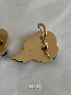 Classic Knotted Vintage 14k Gold Omega Clip Black Enamel Earrings 8.8 Grams Mint