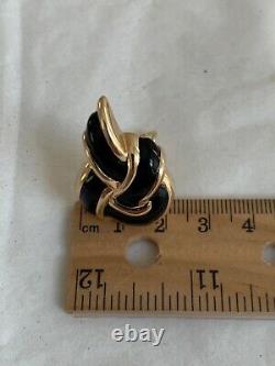 Classic Knotted Vintage 14k Gold Omega Clip Black Enamel Earrings 8.8 Grams Mint