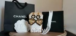 Coco Chanel Strauss Large Gold & Black Enamel Heart Earrings Dangle Stud Logo