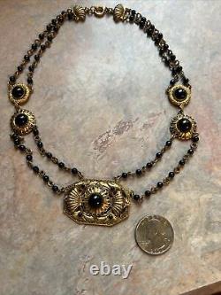 Czech Antique Black Stones & Beads Ornate Goldtone Necklace