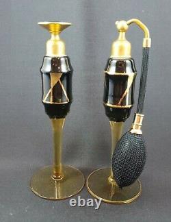 DeVilbiss Perfume Atomizer and Dropper Bottle Pair (1931) Black/Gold Enamel