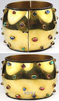 Deco (after Jean Fouquet) Gold Black Enamel & Studded Gems Bangle Cuff Bracelet