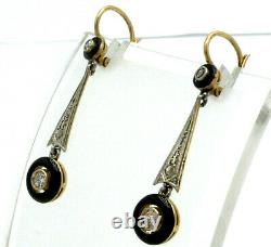 Delicate Art Deco 18k Gold with Diamonds & Black Enamel Earrings