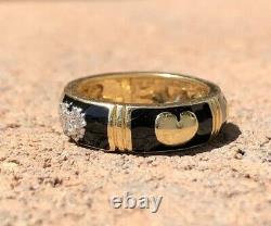 Designer 14k Yellow Gold Diamond Accented & Black Enamel Heart Band Ring