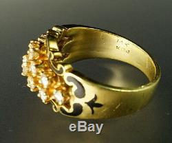 Diamond 14K Yellow Gold Diamond Black Enamel Fleur-De-Lis Scrolls Signed Ring