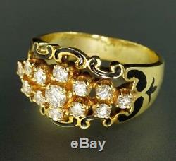 Diamond Cluster 14K Yellow Gold Black Enamel Scrolls Vintage Designer Retro Ring