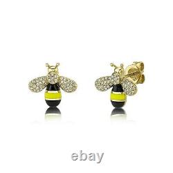 Diamond Yellow Black Enamel Bee Earrings 14K Yellow Gold Stud 0.18CT Natural