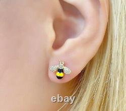 Diamond Yellow Black Enamel Bee Earrings 14K Yellow Gold Stud 0.18CT Natural