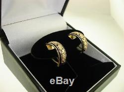 ELEGANT 14K SOLID GOLD FILIGREE FLORALS WithBLACK ENAMEL HALF HOOP EARRINGS