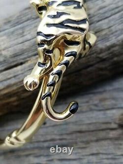 ESTATE 14k Gold Italy 3D Black Enamel Tiger Emerald Eyes Bangle Bracelet B