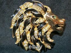 EUC Craft Signed Lion Vintage Art Deco Gold Tone Black Enamel Crystal Pin Brooch