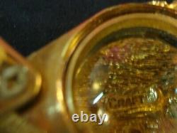 EUC Craft Signed Lion Vintage Art Deco Gold Tone Black Enamel Crystal Pin Brooch