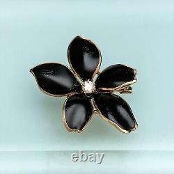 Early 20th Century 14k Gold, Black Enamel & Diamond Flower Brooch