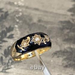 Edwardian black enamel & pearl mourning ring 15ct gold size UK L 1/2