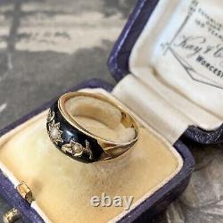 Edwardian black enamel & pearl mourning ring 15ct gold size UK L 1/2