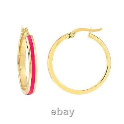 Enamel White Turquoise Black Pink Square Tube Hoop Earrings Real 14K Yellow Gold