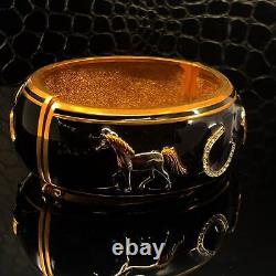 Equestrian Cuff Bangle Gold Plated Metal Alloy Set With Enamel and Sparkling